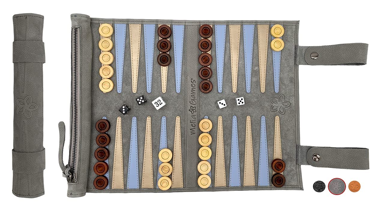 Melia Outlet Backgammon - Juego de backgammon de piel auténtica con fichas de madera, juego de mesa de lujo para viajes, enrollable, hecho a mano en Europa, color gris