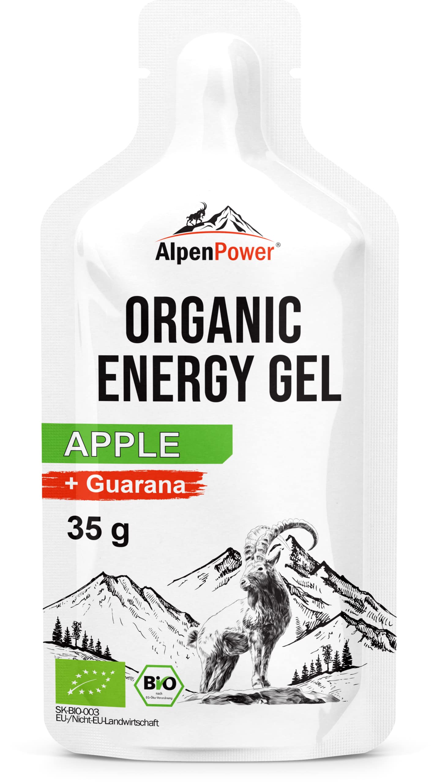 AlpenPower Bio Energy Gel Apfel 12 x 35 g - 100% natürliches Kohlenhydratgel ohne Zusätze - Mit Koffein aus Guarana - Schnelle & langanhaltende Energie - Booster für Sport