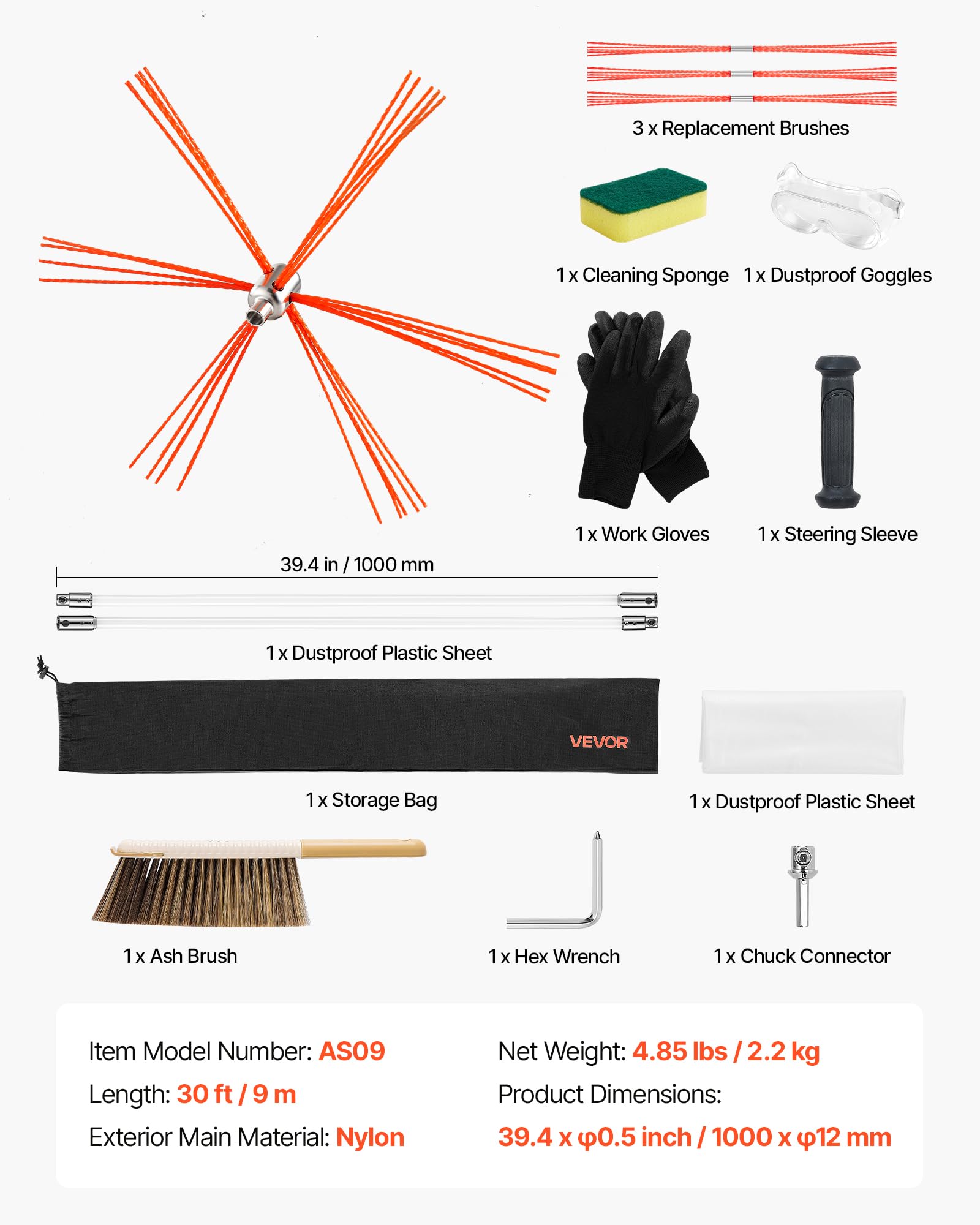 VEVOR Kit de Ramonage 9m Brosse Cheminée Extensible Poils Rechange Tiges Nylon