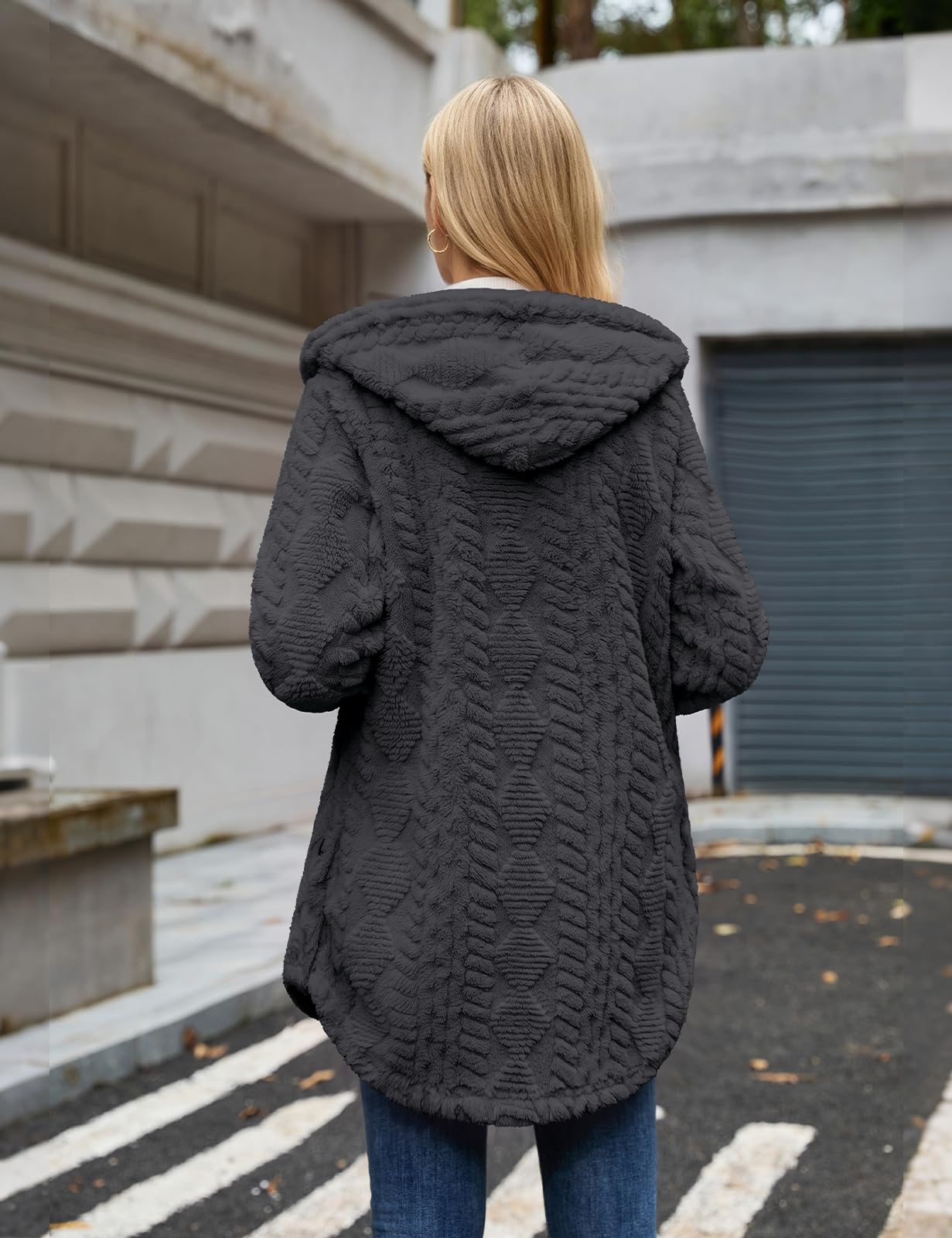 heekpek Fleecejacke Damen lang mit Kapuze Teddyjacke mit Knopfverschluss