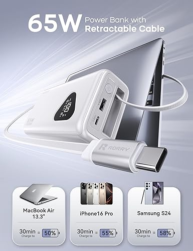 Miniatura 2 de RORRY Banco de energía para portátil, 25000 mAh 65 W, cargador portátil para portátil, cargador de batería PD cargador rápido cables retráctiles