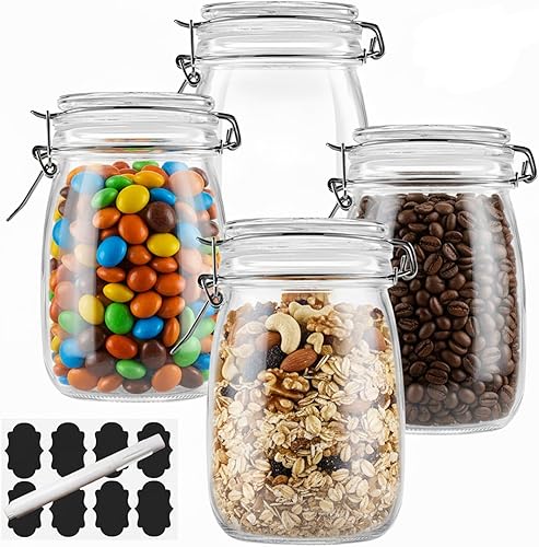 OAMCEG Paquete de 4 tarros Mason de boca ancha, tarros de vidrio herméticos de 34 onzas con junta de goma a prueba de fugas y tapas superiores de