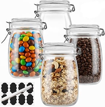 OAMCEG 4 Pack Mason Jars with Lids, 34 OZ Wide Mouth Glass Jars, Airtight Canning Jars with Clip Top Leakproof Seal for Coffee, Sugar, Flour, Pantry Storage