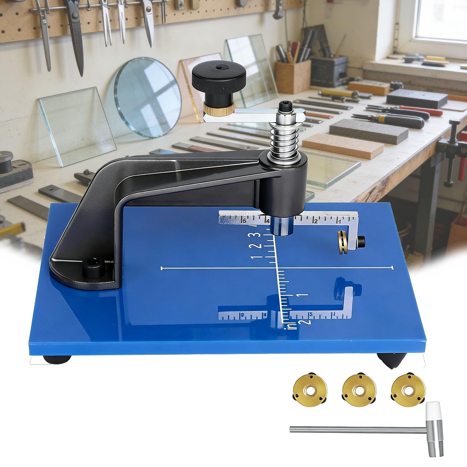 YXYLJOZ Glass Circular Cutting Tool, Adjustable Tabletop Circle Cutters, Glass Circle Cutters with 3 Carbide cuttings Wheels for Stained or Regular Glass, Mosaics, DIY Crafting.