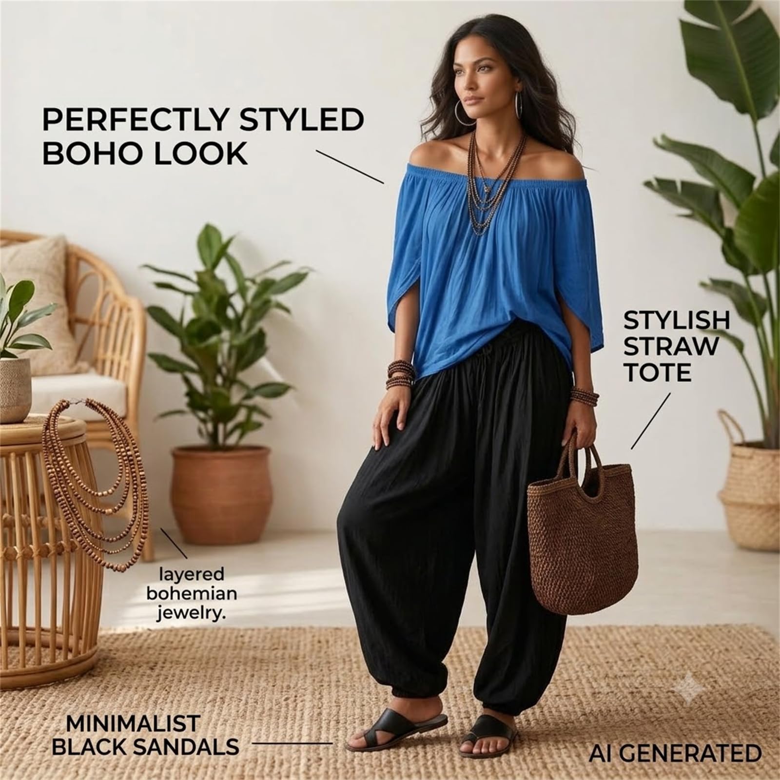 Women 2 Piece Outfits Off Shoulder 3/4 Sleeve Top and Loose Harem Pants Set