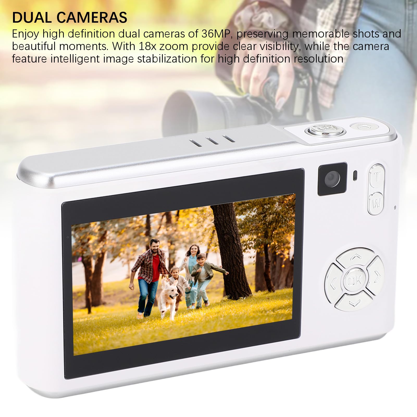 Aparat Cyfrowy 1080P, Aparat do Vlogów z 18-krotnym Zoomem Cyfrowym i 36 MP, Ekran o Przekątnej 3,0 Cala, Wbudowane światło Wypełniające, Obsługa Transmisji Danych Przez USB,