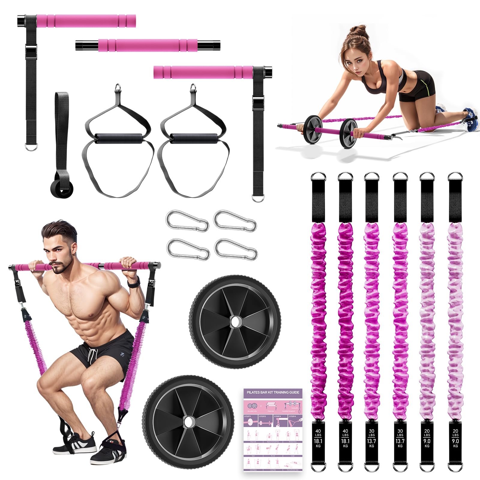 Pilates Bar Set mit 6 Widerstandsbänder, Fitnessbänder Pilates Stangen Set mit AB Rolle, 20/30/40lbs Resistance Bands, Griffe, Türanker für Krafttraining und Körperstraffung (Rosa)