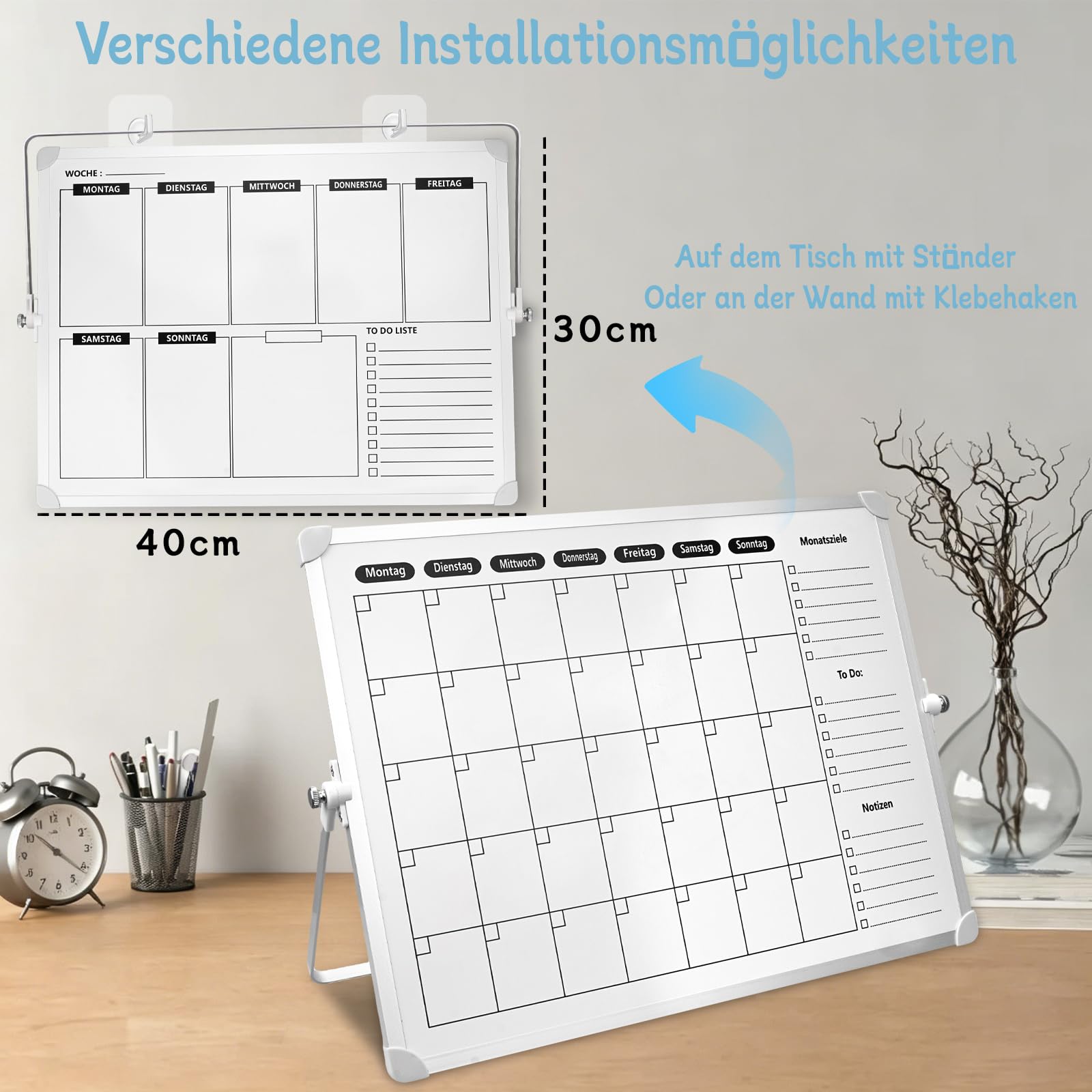 Doppelseitiger Wochen Monatsplaner 30 x 40 cm, Magnetisches Whiteboard Abwischbar mit Tischständer, 12 Markern, Transparenten Magnet-Pins, Radierer und Klebehaken für Küche, Büro Zuhause