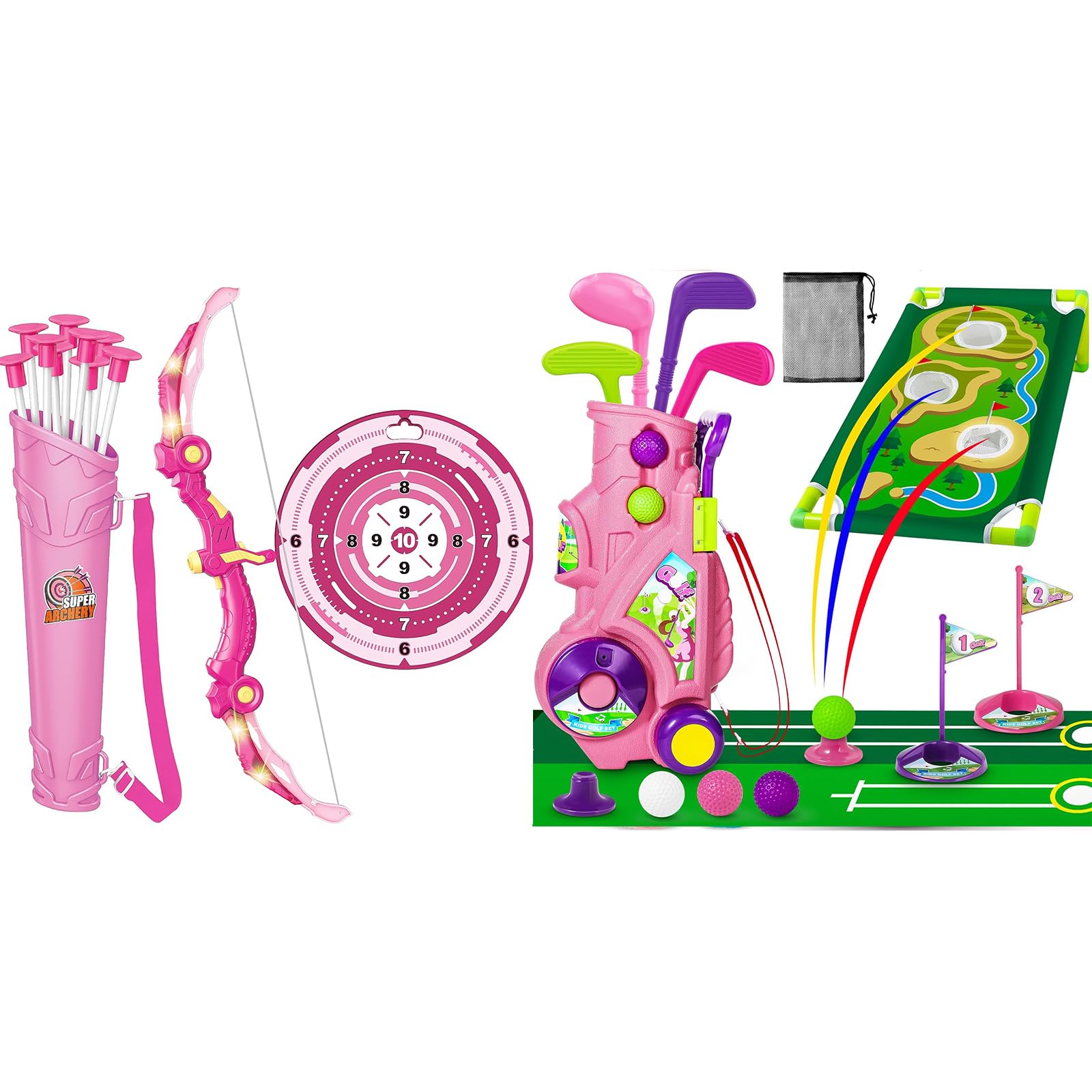 GMAOPHYBirthday Gifts for Girls Age 2 3 4 5 6 7 8, Indoor Outdoor Sports Toys for Kids, Bow and Arrow Toys with LED Flash Lights & Golf Club Set for Toddlers