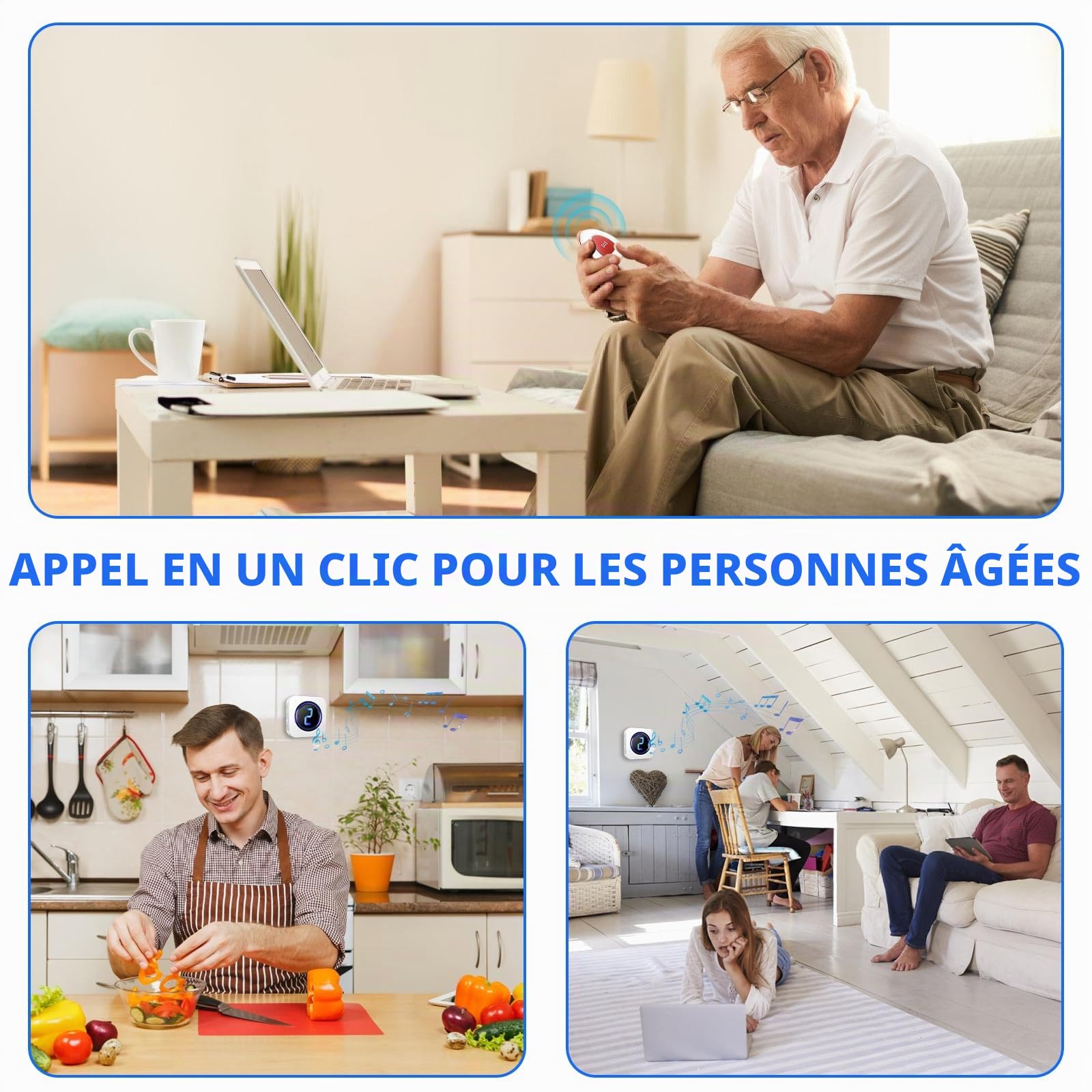 Alarme Personne Agee, Bracelet Alarme, Bouton D'appel d'urgence sans Fil 300cm, Bouton D'alarme pour Appel Infirmière, Personnes Âgées, Patients, Appel d'urgence, 1 Récepteur+1 Émetteur