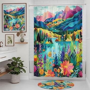 Abstract Mountain Shower Curtain, Colorful Floral Leaves, 70 x 70
