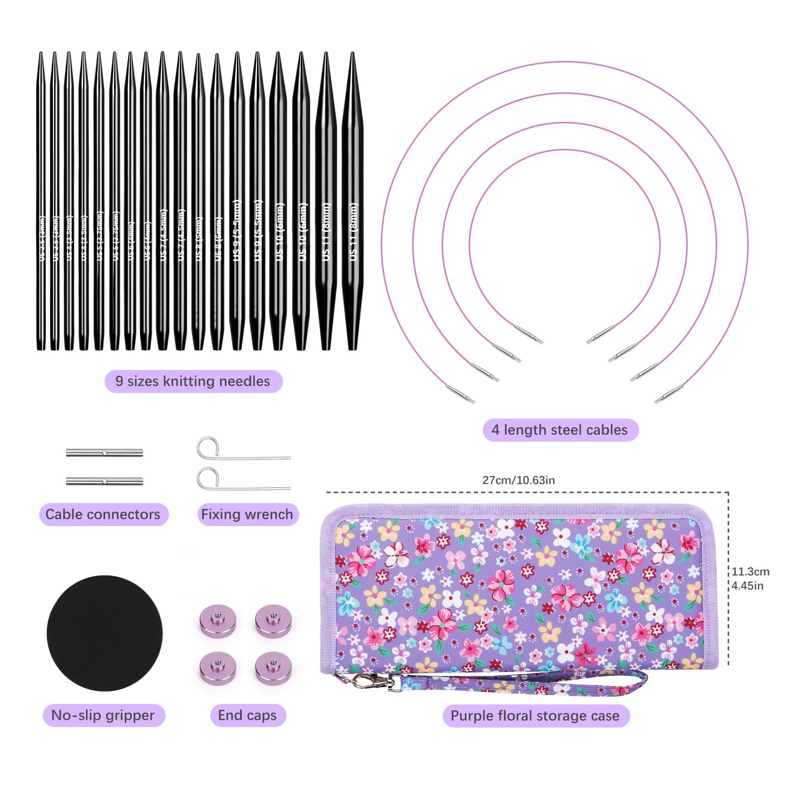 Coopay 9 Paires Aiguilles Circulaires Tricot Interchangeable, Aiguille à Tricoter en Aluminium de 3,0-8,0mm, Kit Tricot Debutant, Aiguille Circulaire Tricot pour Layette, Pull, Écharpe - Violet