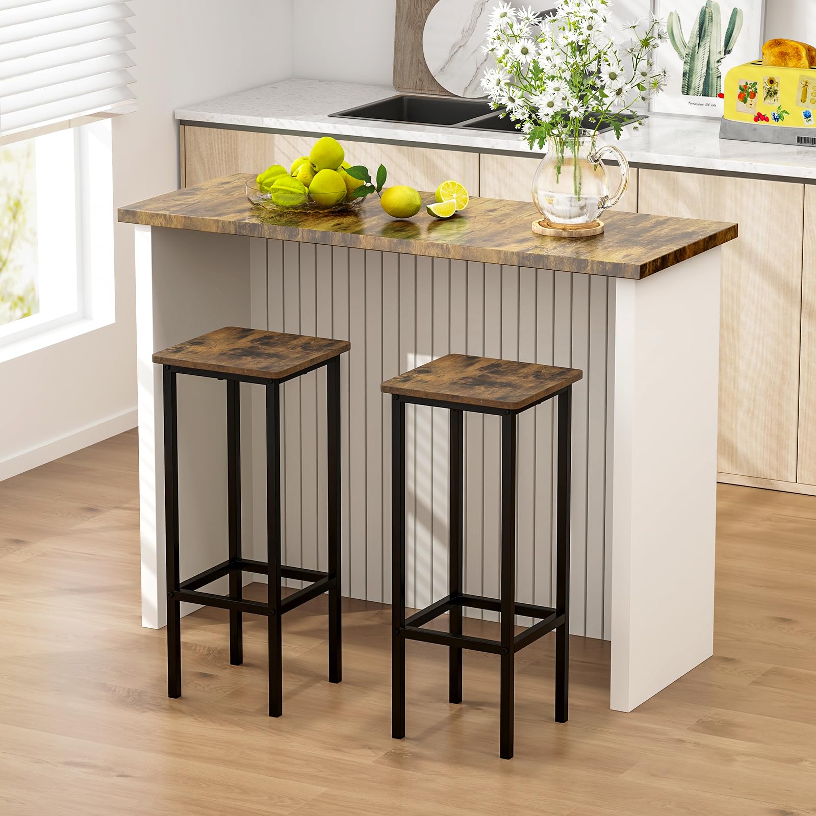 COSTWAY Juego de 4 Taburetes de Bar, 30 x 30 x 72 cm, Silla de Comedor con Marco de Metal y Asiento de Madera, Taburete Alto para Comedor Cocina, Fácil de Montar (72 cm)