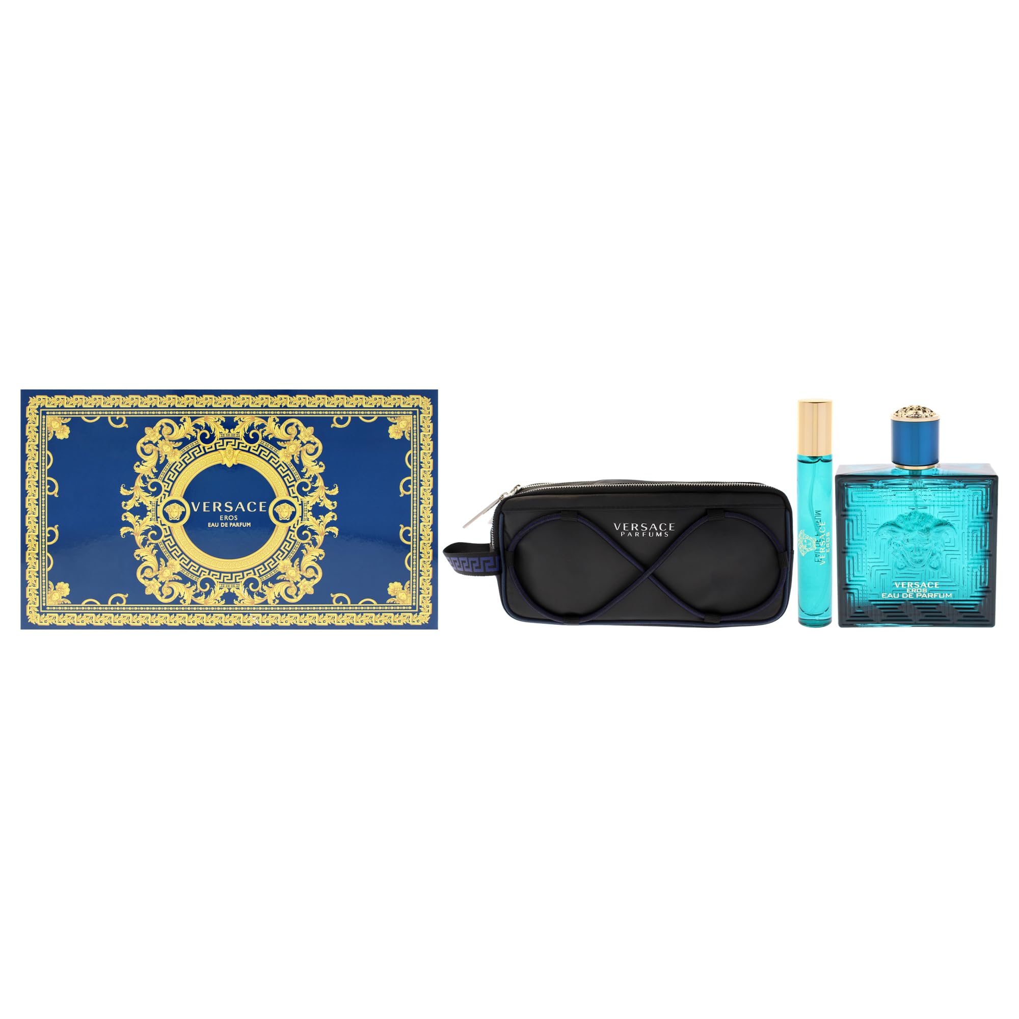 Versace Eros Eau de Parfum set regalo 2025-100 ml EDP, spray da viaggio e borsa per articoli da toeletta