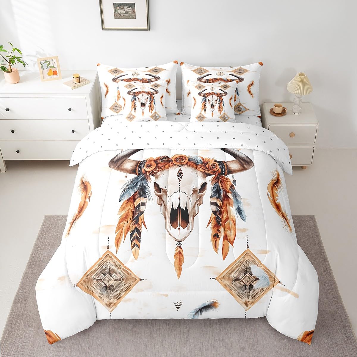 Feelyou Cowboy 7 Pieces Bedding Set Twin Size Boho Comforter Set with Sheets for Kids Boys Girls Cow Skull Bed in a Bag Western Decor Bed Set