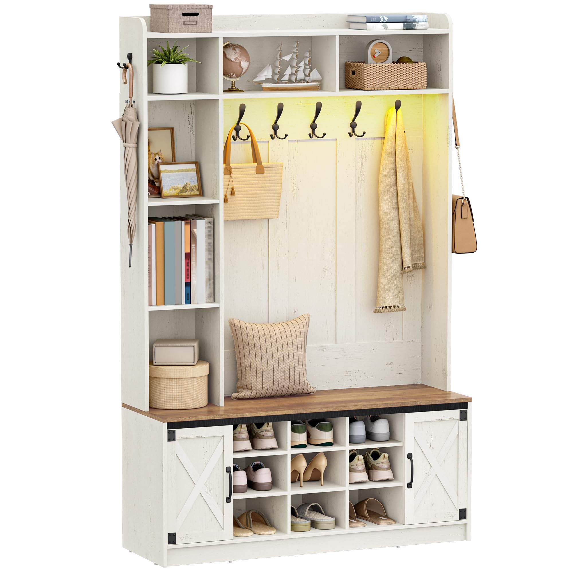 Hzuaneri Attaccapanni a LED con Banco per Scarpe, Mobile d'Ingresso, Ripiani Regolabili, 15 Scomparti Aperti, 7 Ganci, per Ingresso, Corridoio, Bianco e Marrone HT24614XEU