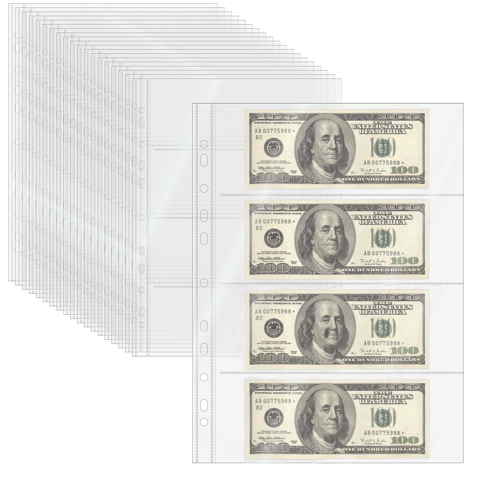 Mogoostry A4 Clear Sheet Protectors 4 Pocket Binder Sleeves 20 Sheets 11 Holes Side Open Banknote Protector Currency Collection Page Protector