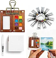 Mini conjunto de tinta aquarela, kit de aquarela portátil de 12 cores com paleta de madeira de nogueira de 8 grades (6,3 cm x 6,3 cm), caderno de pintura, clipe de metal e pincel de água