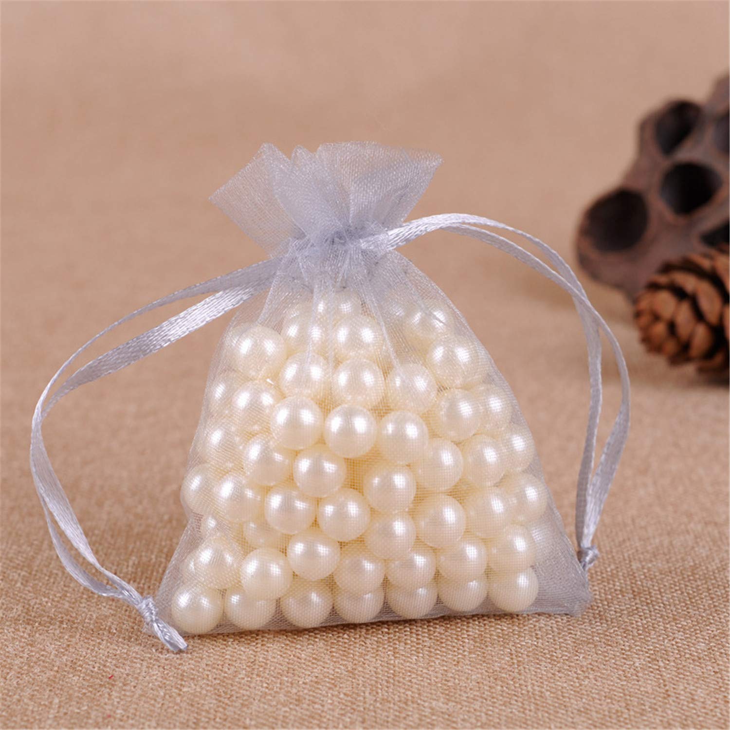 Bene Omnia 100PCS Party Organza Bags Present Sacks Wedding Favour Wrapping Reusable Christmas Drawstring Gift Bag (Grey,15 x 20 cm)