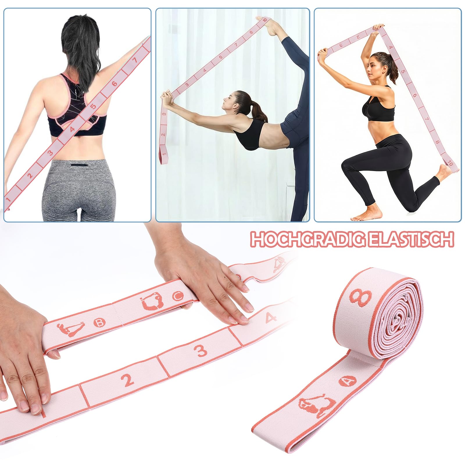 Elastyczna taśma do jogi z 10 kokardkami, różowa, joga, rozciągliwa taśma fitness, joga, akcesoria oporowe, elastyczna taśma gimnastyczna do pilatesu