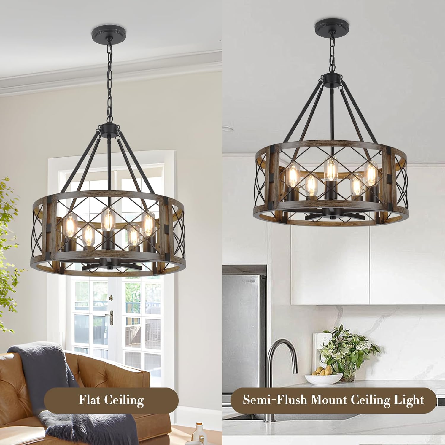 5-Light Farmhouse Chandelier 19.8" Black and Brown Rustic Chandelier for Dining Room Wood Texture Adjustable Pendant Light Fixture for Kitchen Island Entryway Bedroom Hallway