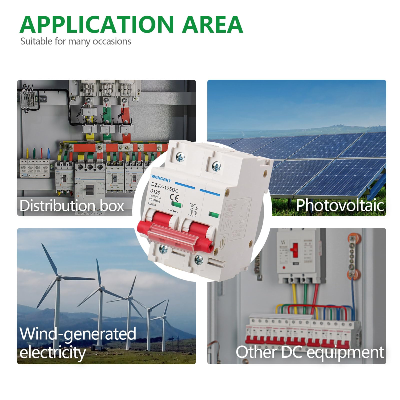 Wengart Disyuntor de CC 125A 2P 500V, Interruptor Automático Magnetotérmico para Paneles Solares y Protección de Baterías de Litio, Protección Fotovoltaica para Carril DIN, Serie DZ47-125DC
