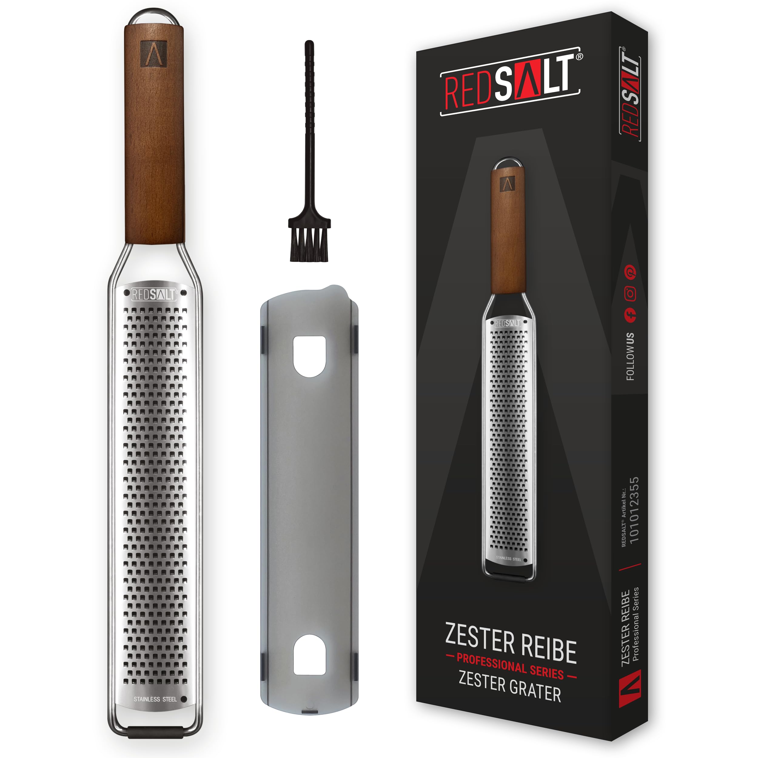REDSALT Premium Zester grattugia in acciaio inox con manico in legno e piedini in gomma per la cucina, ideale per limoni, zenzero, carote, verdure, parmigiano, formaggio | affettatrice professionale