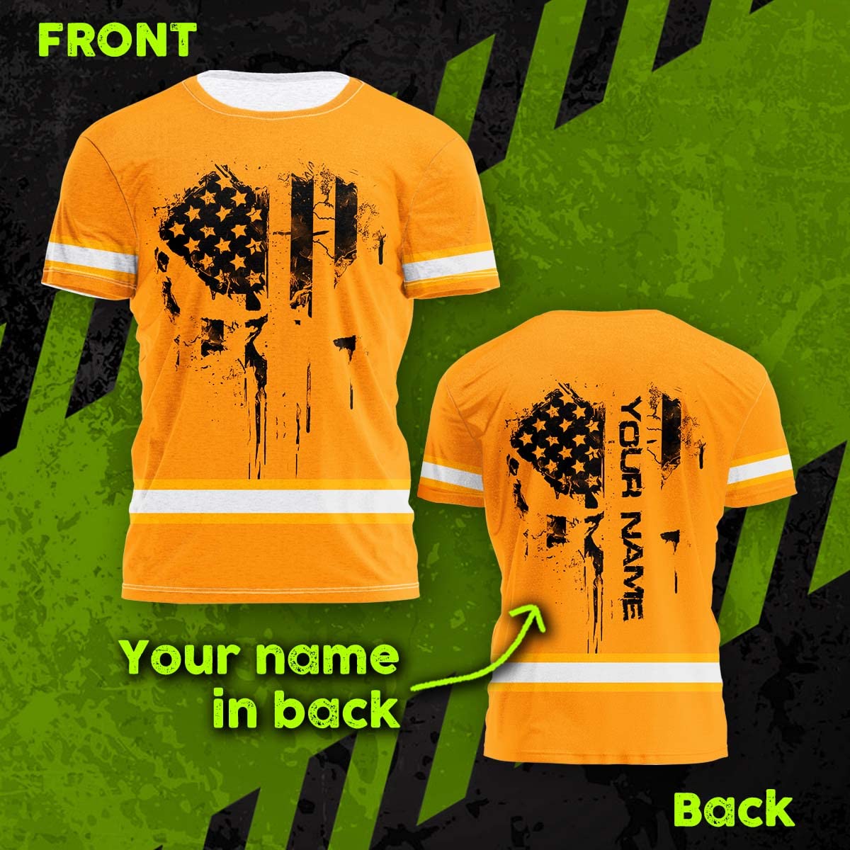 HiVis Custom Orange Neon USA Flag Skull Workwear Customize Name High Visibility Shirt for Men Reflective Shirt Construction Workwear for Runners, Walkers, Trucker, Operator, Patriotic-XL