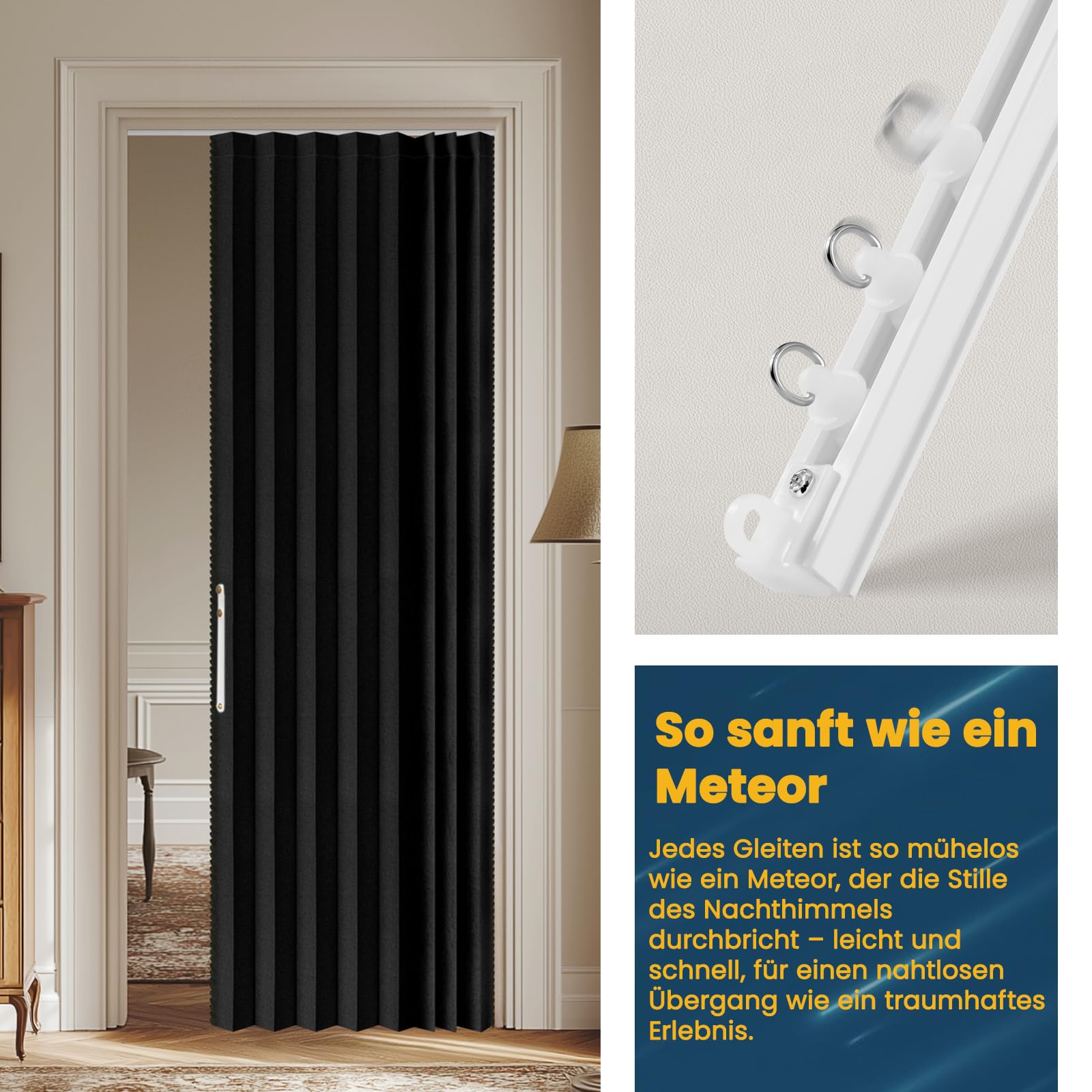 AJAZZ 100% Verdunkelung Türvorhang Ohne Bohren, Schwarz, B140 x H201 cm, Magnetischer Schiebetürvorhang mit Schienen, Akkordeon Faltdesign