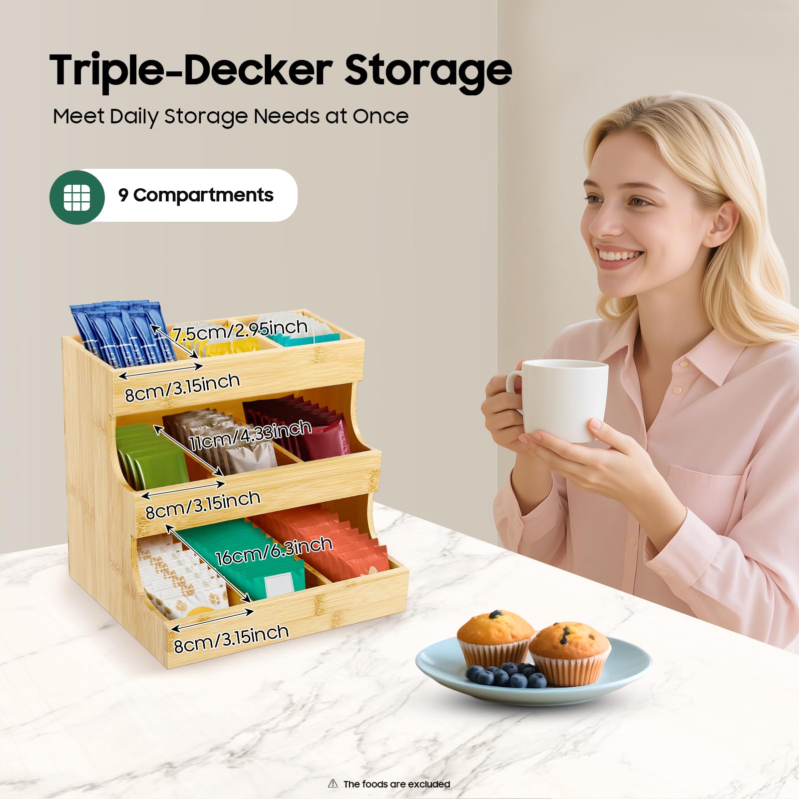 Organizador de bolsas de té de bambú con 9 compartimentos y 3 niveles (27 x 17,5 x 24 cm), capacidad de carga de 5 kg, para casa, oficina y cafetería, diseño sostenible