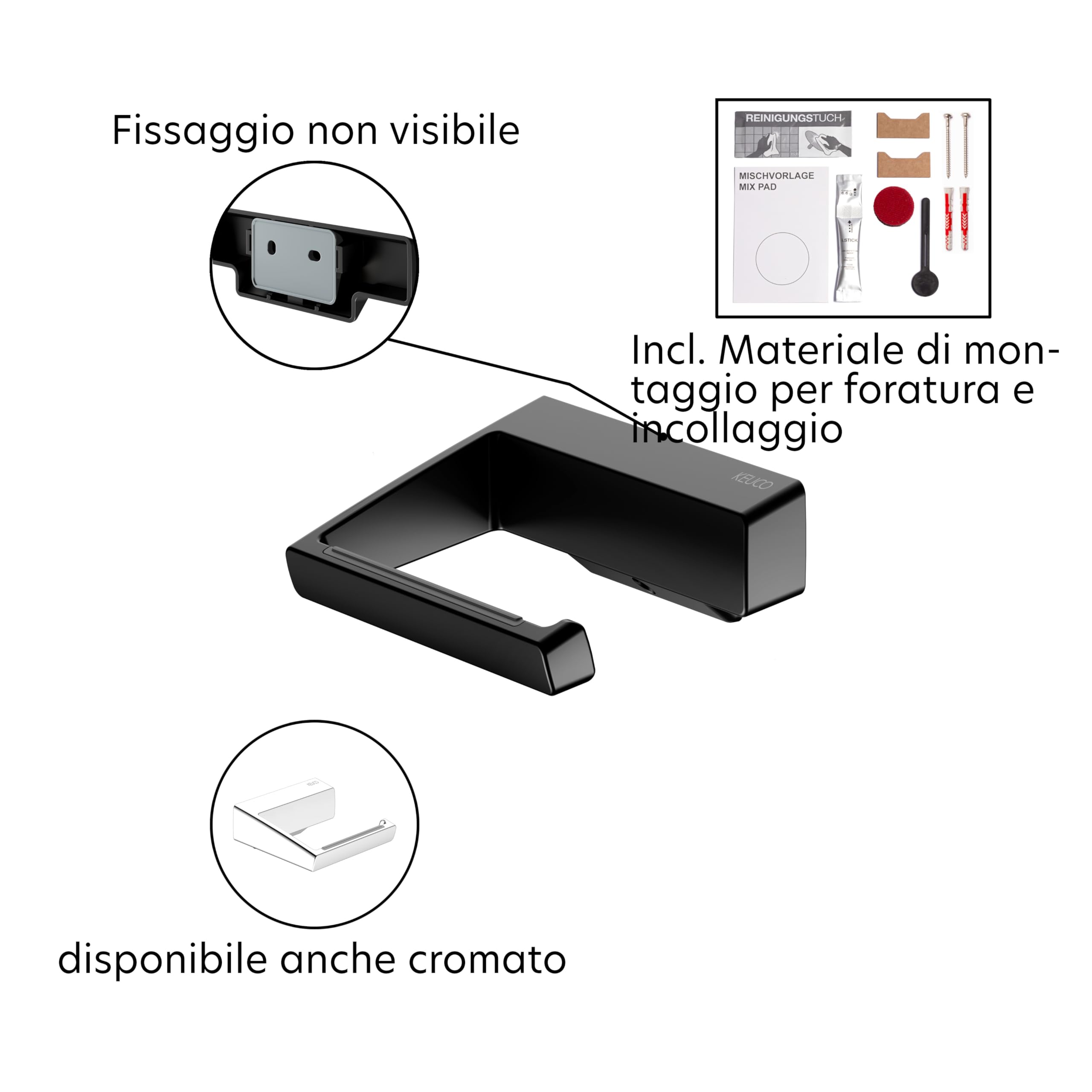 Keuco Rose Portarotolo, forma aperta, rigido, senza foro, nero | Made in Germany, incl. set di incollaggio e set di viti, supporto per carta igienica da incollare o avvitare