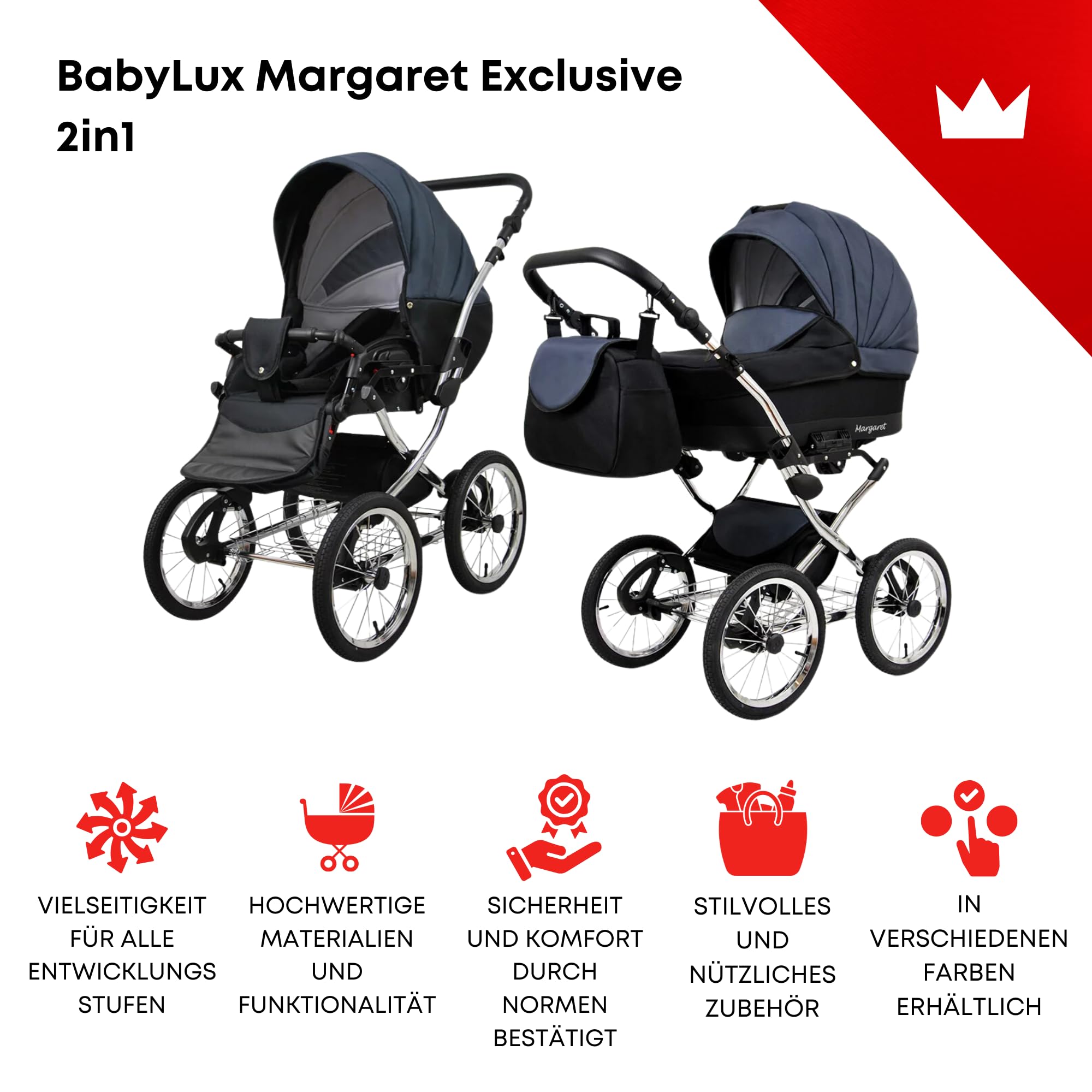 BabyLux® Wózek dziecięcy kompletny zestaw 2 w 1 - Margaret Exclusive - w tym gondola dla niemowląt, wózek dziecięcy system kombinowany, torba do przewijania, pokrowiec przeciwdeszczowy, moskitiera