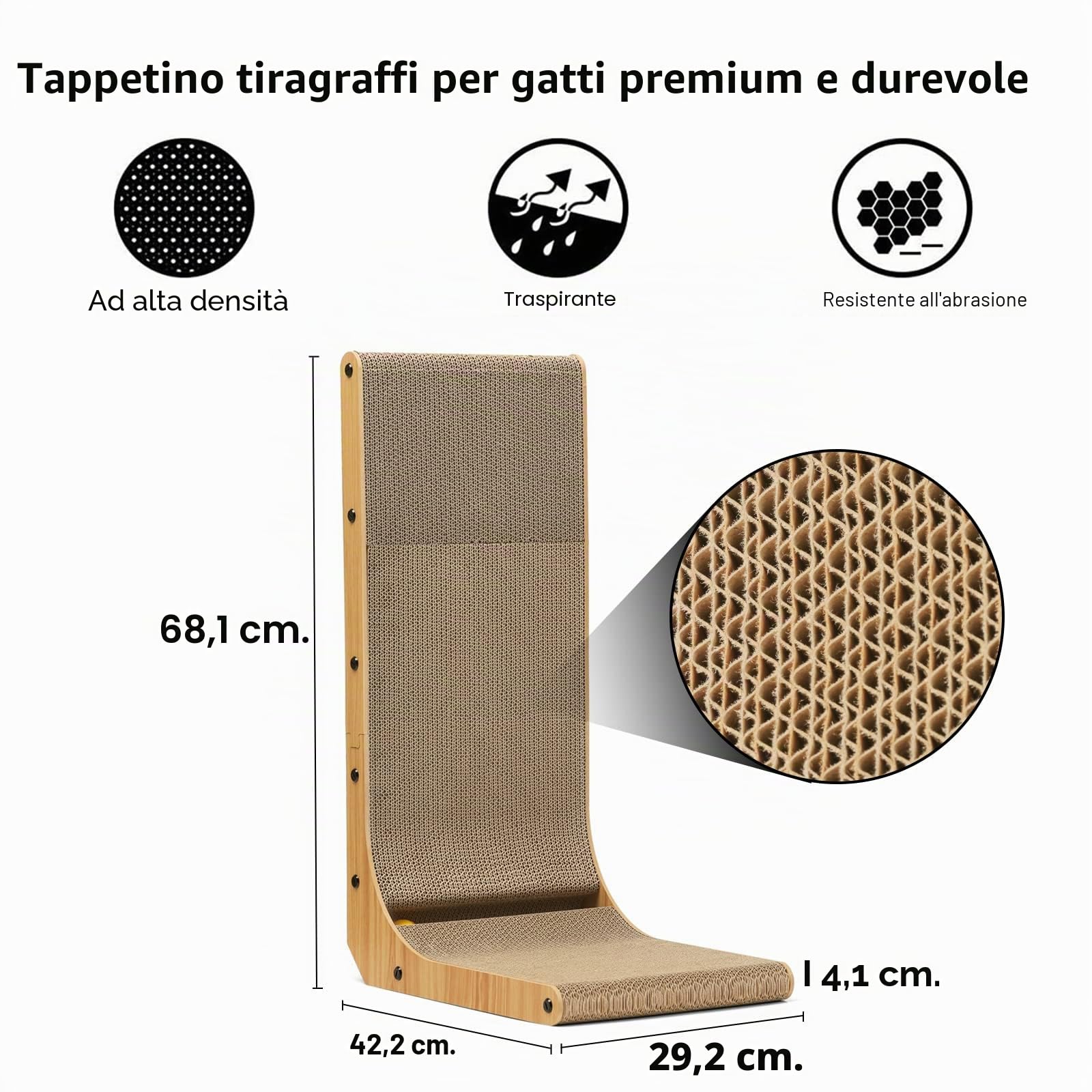 FUKUMARU Tiragraffi per Gatti, Tiragraffi Verticale a Forma di L Alto 68 cm, Giochi Gatto con Palla Giocattolo, Tappetini Tiragraffi per Gatti in Cartone di Alta Qualità per Pareti e Angoli.