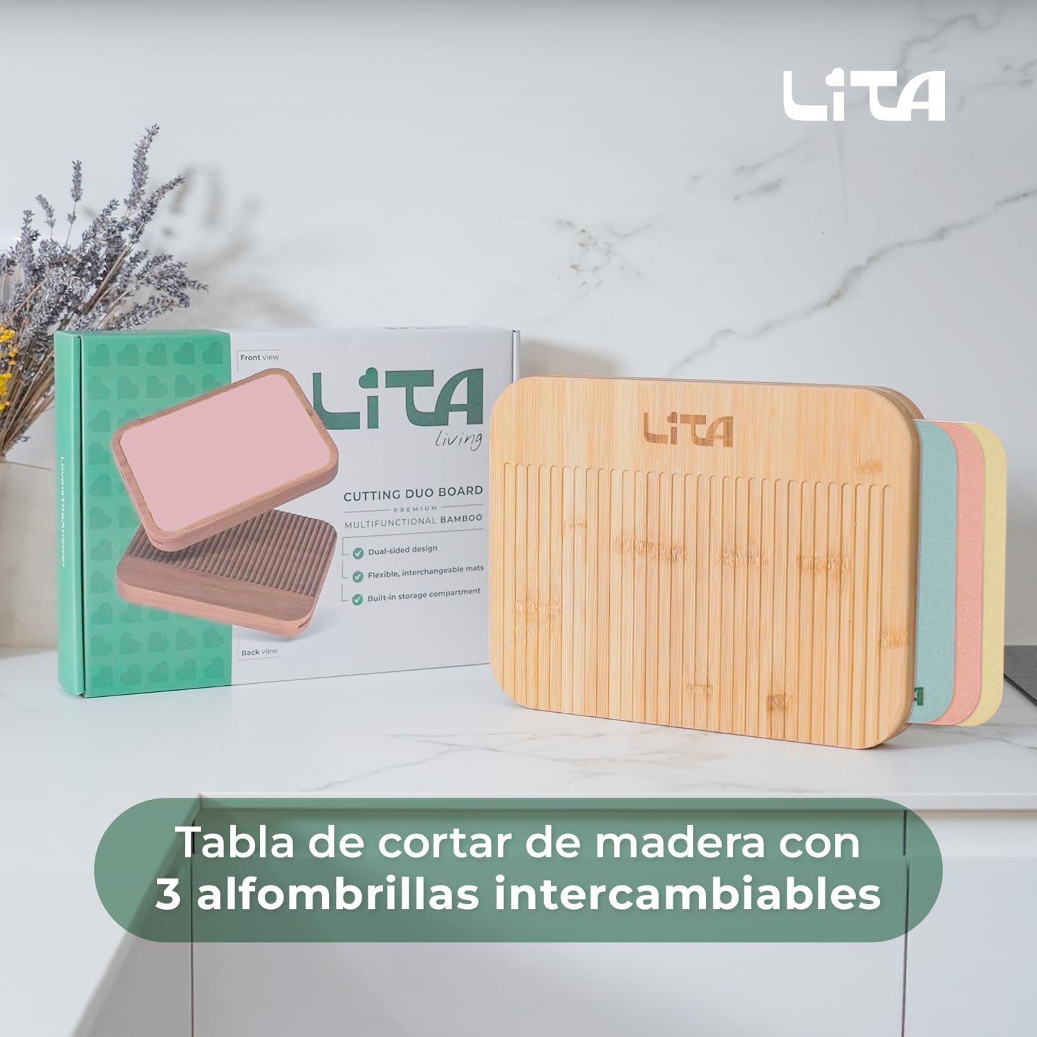 LITA Tabla de Cortar de Bambú Antibacteriana 36,5 x 27 x 4 cm, Doble Cara con 3 Alfombrillas Intercambiables, Tabla de Cocina para Carne, Pescado, Verduras y Pan, Libre BPA