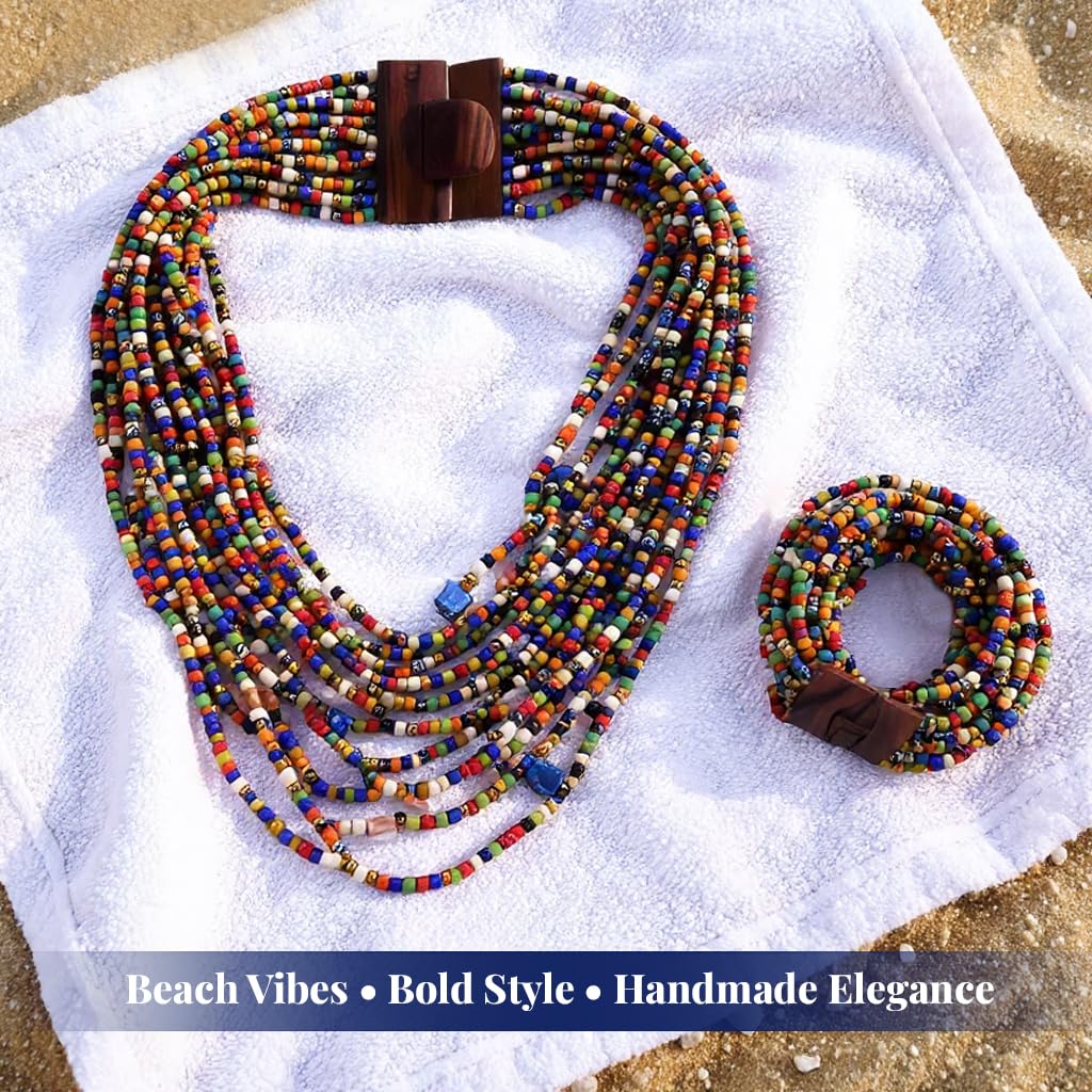 Handmade Seed Bead Necklace & Bracelet Set - Boho Jewelry for Women - Layered Multi Strand Beaded Jewelry w/Wooden Clasp - Necklace Length 18" - Strechable Bracelet Christmas Gifts for Womens