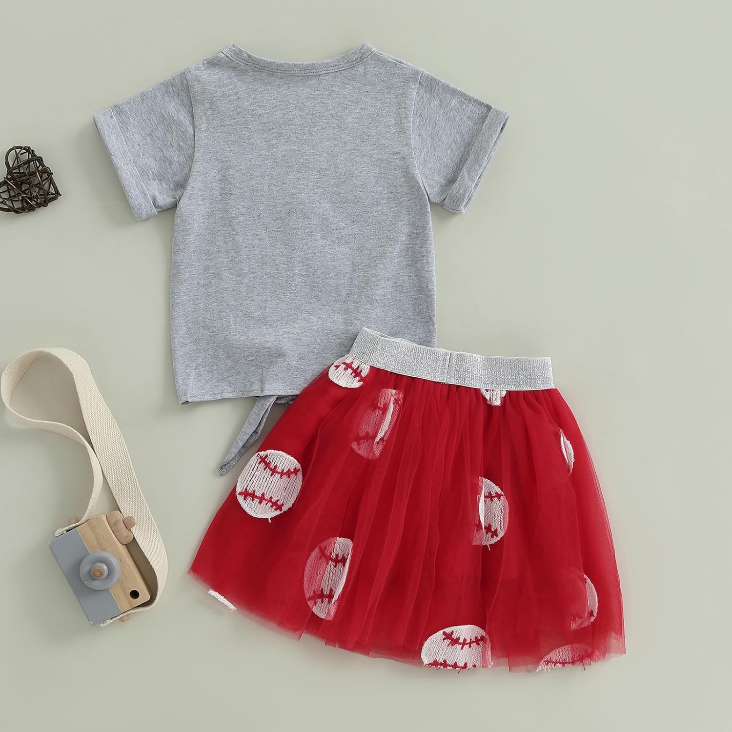 Kayotuas Toddler Girl Summer Clothes Baseball Outfit Fuzzy Baseball/Football Bow Embroidery T-shirt Tulle Skirt 2 Piece Sets - Image 5