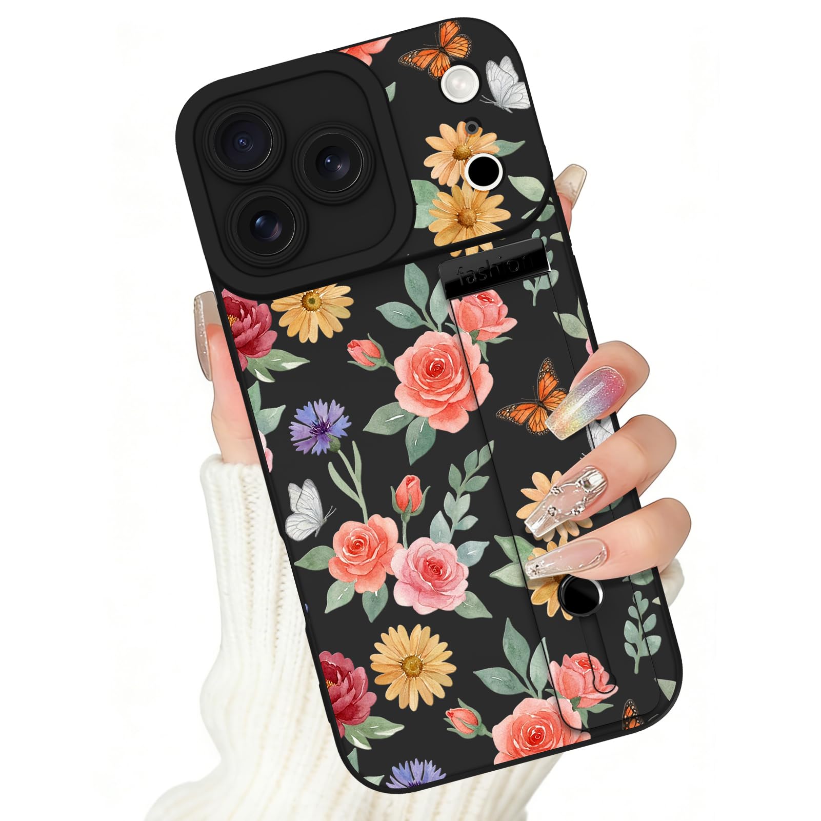 ZIYE Funda para iPhone 17 Pro con correa ajustable para la muñeca, soporte con diseño estético de flores rosas, funda protectora delgada a prueba de golpes para mujeres y niñas, color negro
