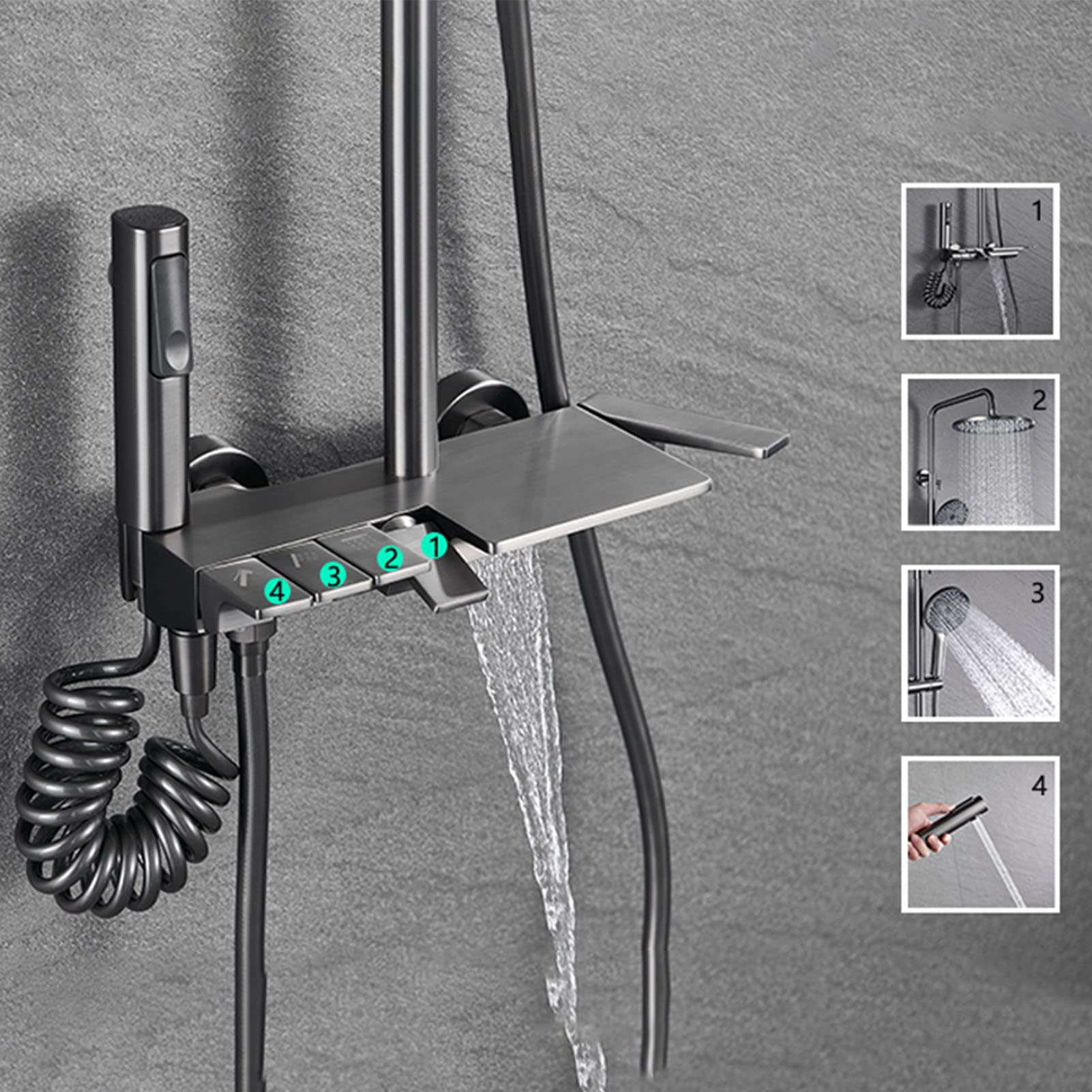Set di rubinetti per Vasca e Doccia Grigio, soffione Doccia a Pioggia con doccetta, beccuccio per Vasca, spruzzatore per Bidet, Sistema Doccia a 4 funzioni, Miscelatore per Vasca e