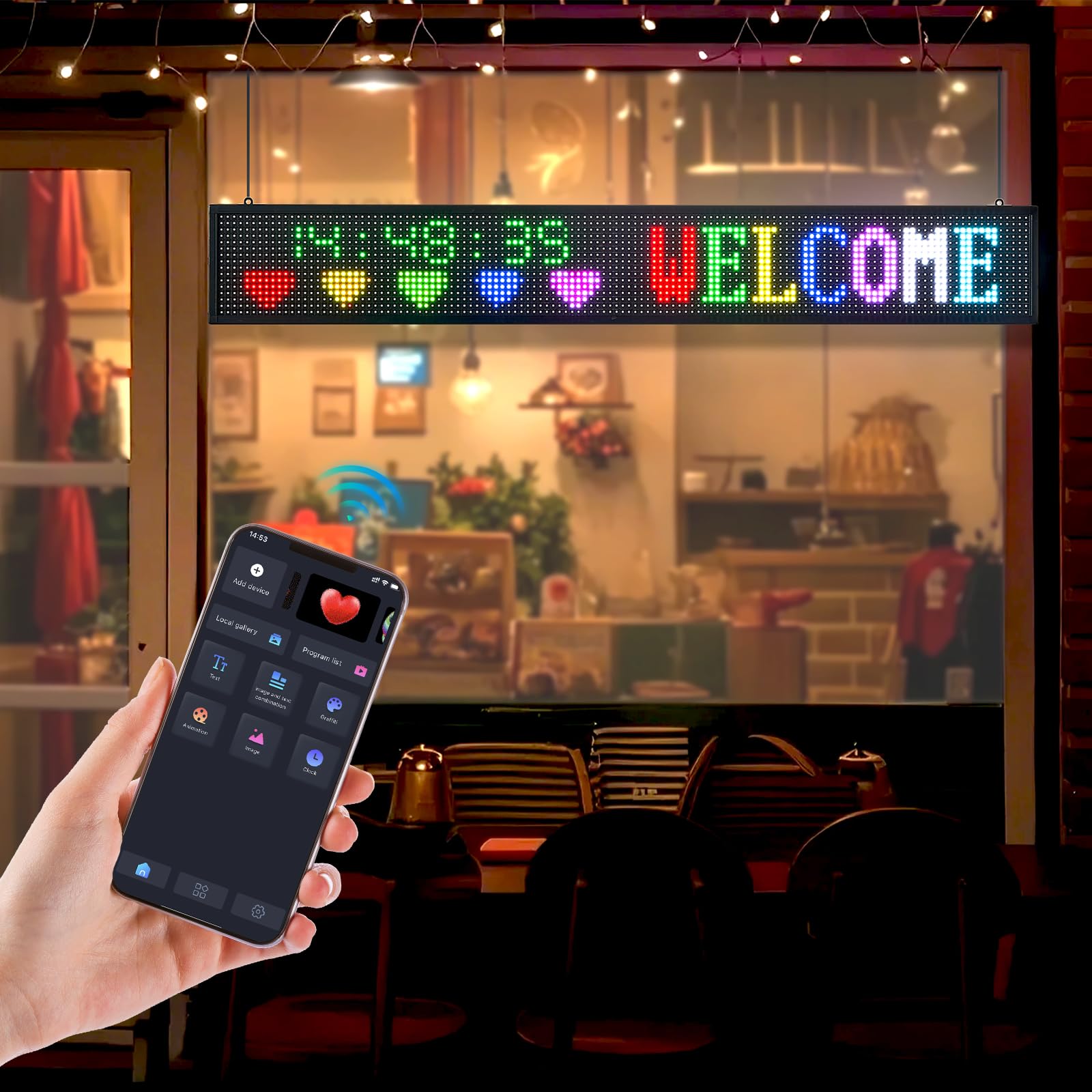 VEVOR Letrero LED Programable 131 x 19 cm Panel Digital Flexible Desplazable a Todo Color Tablero de Visualización con Patrón de Texto Personalizado Control de Aplicación Bluetooth para Publicidad