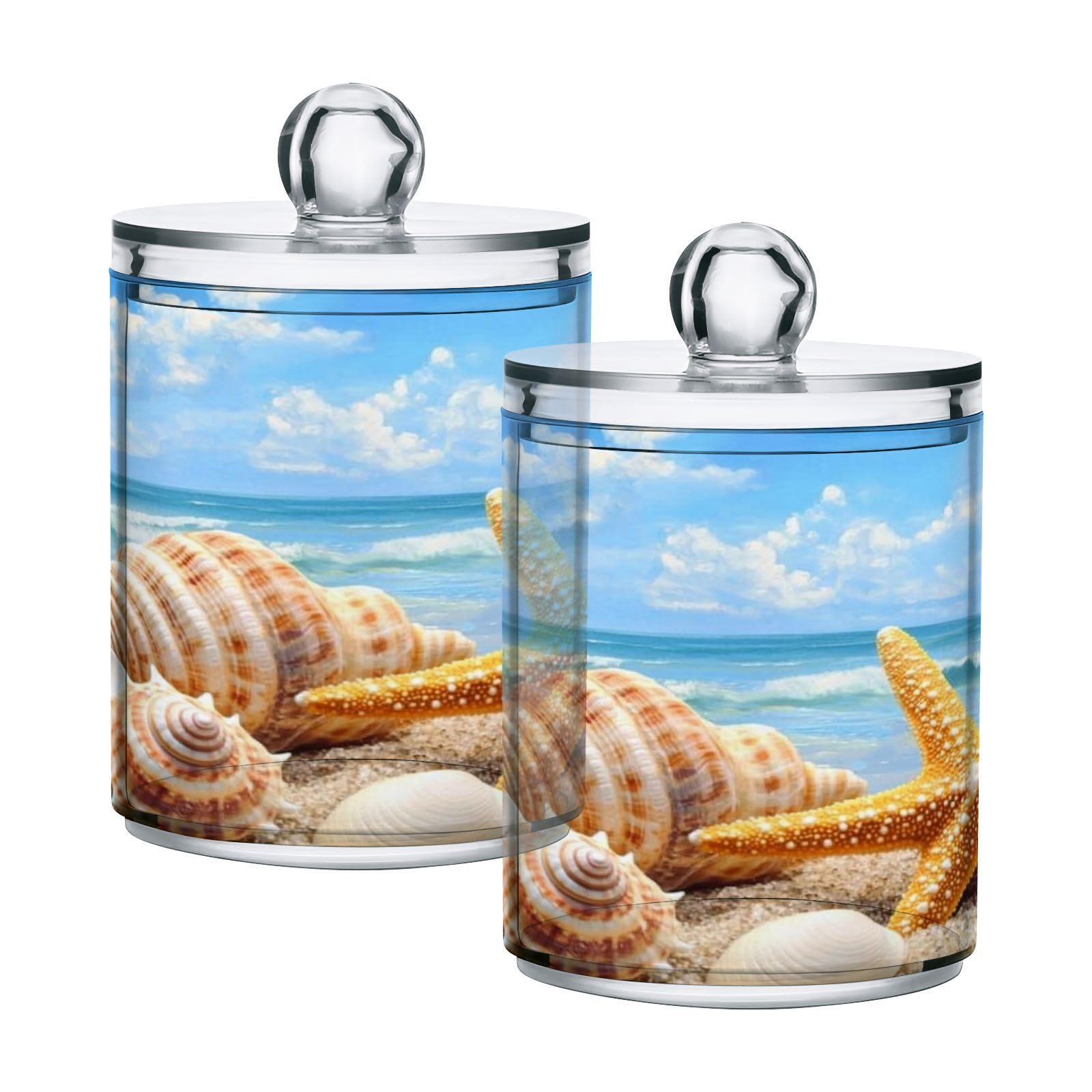ALAZA 2 Pack Qtip Holder Starfish Shells Beach, Cotton Swab Dispenser with Lid Bathroom Containers Canister Organizer Storage Jar