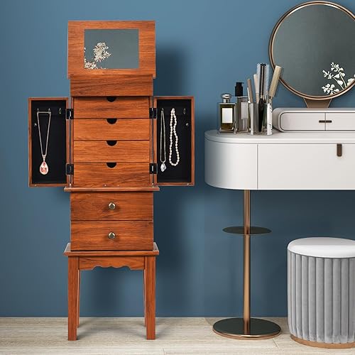 Miniatura 3 de LOKO Armario de joyería con espejo abatible, armario de almacenamiento de joyas de pie con 6 cajones y 6 ganchos, compartimentos superiores