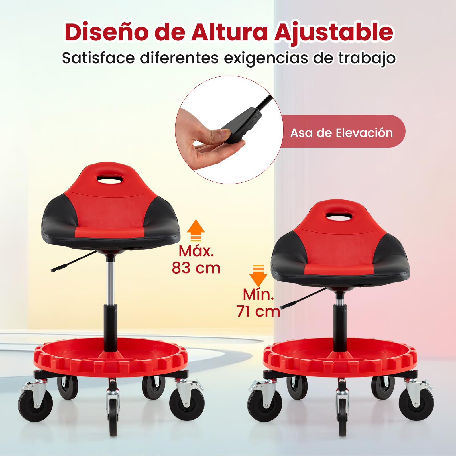 COSTWAY Taburete de Taller con 5 Ruedas, Taburete Rodante de Garaje, Taburete Mecánico con Altura Ajustable de 71/83 cm y Bandeja para Herramientas, Asiento Móvil para Reparación de Coches,Carga 150kg