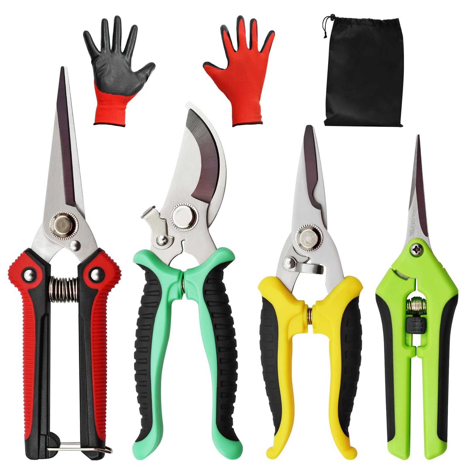 4 Pack Garden Pruning Shears Stainless Steel Blades with bag, Handheld Scissors Set with Gardening Gloves,Heavy Duty Garden Tree Trimmers Secateurs, Hand Bypass Pruning Shears