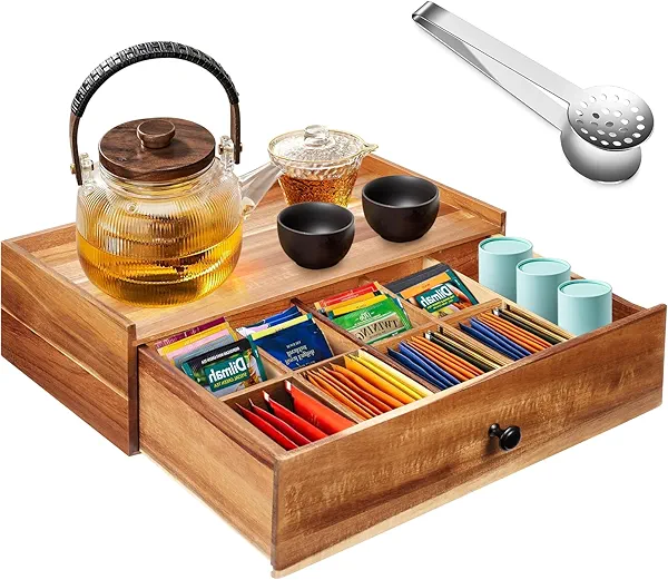 Acacia Wood Tea Bag Organizer with Tea Bag Squeezer, Tea Box Organizer Storage Box, Tea Bag Holder with Drawer, Tea Caddy for Tea Bags, Tea Bag Storage Station, Tea Bar Accessories for Countertop
