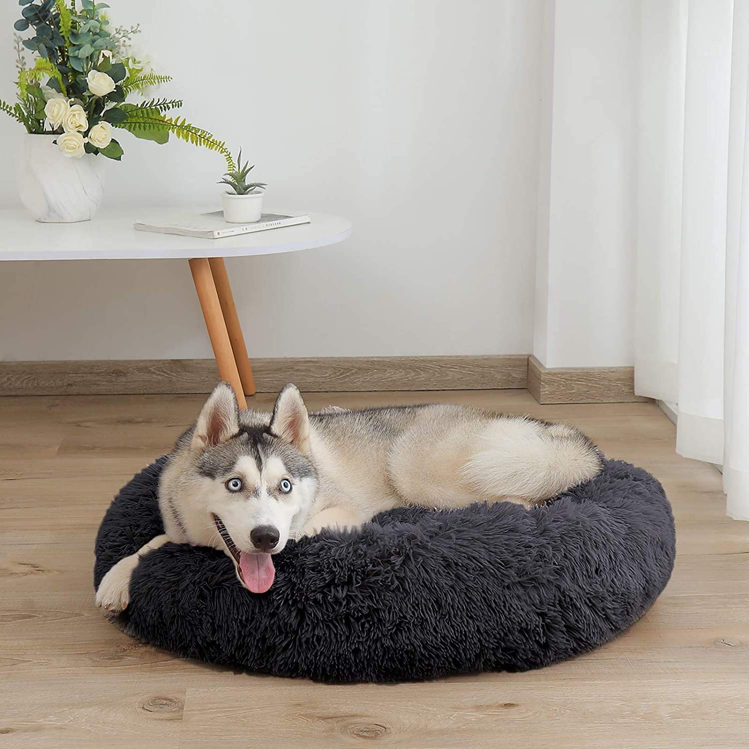 Cesta para perros esponjosa antiestrés, lavable y extraíble, suave y redonda, cestas y muebles cómodos para perros y gatos (L-80 cm), color gris oscuro