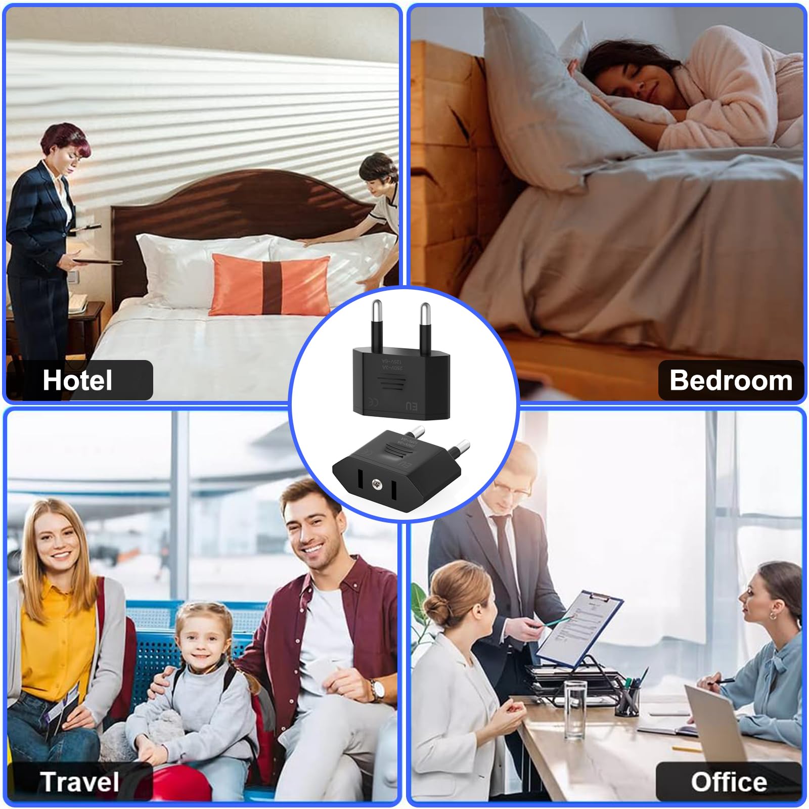 Clomnpe 4 Piezas Adaptador Enchufe Americano a Europeo, Adaptador Enchufe USA a España, Compacto, Fácil de Transportar y Usar, Adecuado para Viajes de EE.UU./Canadá/Japón/Asia a España/Europa-Negra — view 7
