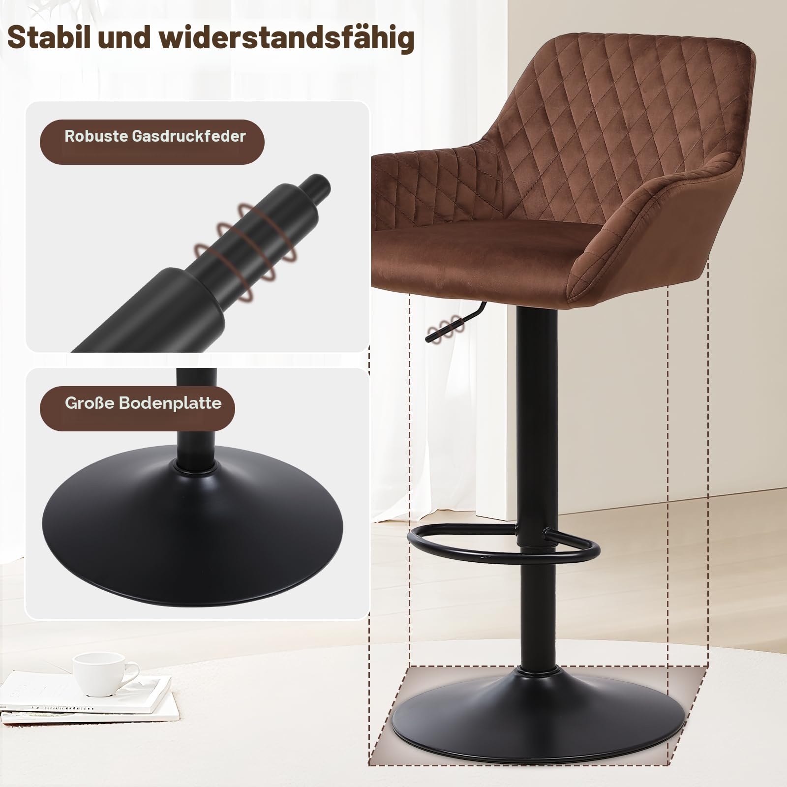 ralex-chair Barhocker 2er Set, Höhenverstellbare Drehbare Barhocker aus Samtstoff, Frühstücks-Esshocker mit Rückenlehne und Armlehne für Bar, Theke und Küche, Braun