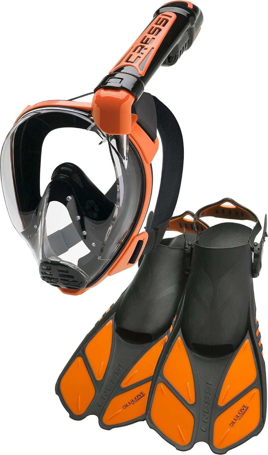 Cressi Kit de máscara de esnórquel de cara completa para adultos y aletas ajustables, vista amplia y clara, sistema antivaho – respiración fácil –