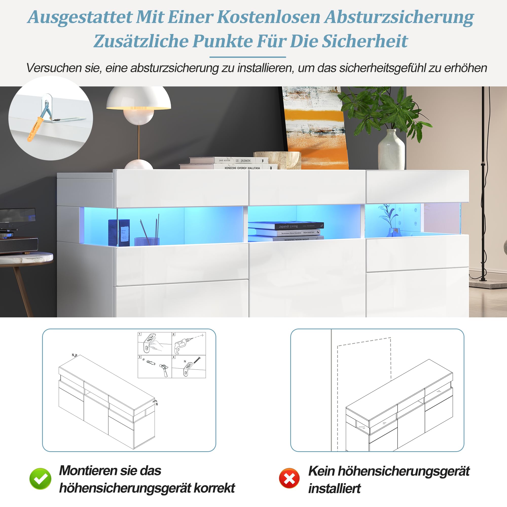 Wohnzimmer-Sideboard, Schrank mit 3 Türen und 7 Ablagefächern, Hochglanz-Wohnzimmerschrank mit LED-Lichtleiste, Allzweckschrank mit Transparentes Acrylgehäuse, 140 * 40,5 * 66,5cm, Weiß