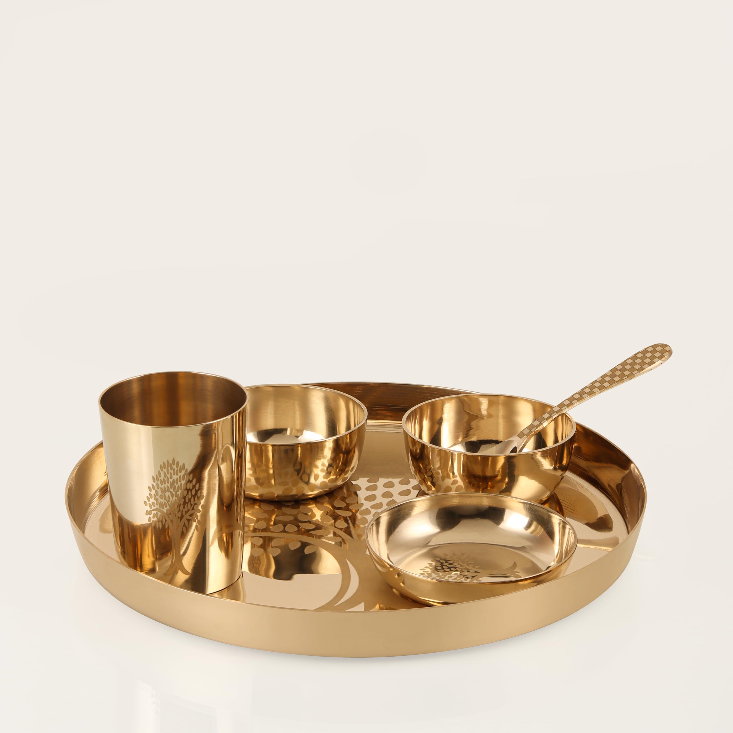 THE HEALING STORE 6-Piece Kansa Solid Dinner Set|Matte Finish|1 Plate (11.5" Thali),2 Bowls,1 Glass,1 Sweet Dish Plate,1 Spoon | Bronze Kansa Dinner Set 6 (Life of Tree Polish)